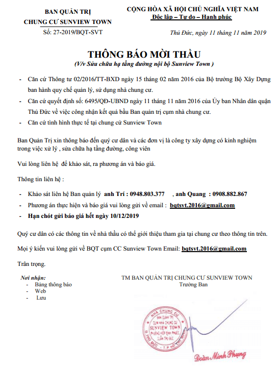 Thông báo mời thầu sửa chữa đường nội bộ chung cư Sunview Town